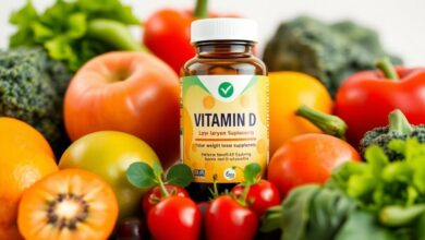 زجاجة فيتامين د مع فواكه وخضار طازجة