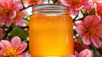 عسل الأكاسيا مع زهور الأكاسيا الطازجة حوله