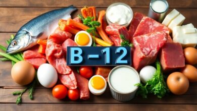 أطعمة غنية بفيتامين ب-12 مرتبة بشكل فني