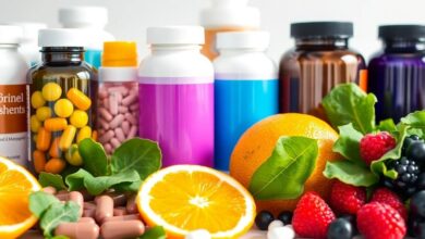 مكملات غذائية متنوعة مع فواكه وخضروات