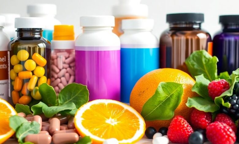 مكملات غذائية متنوعة مع فواكه وخضروات