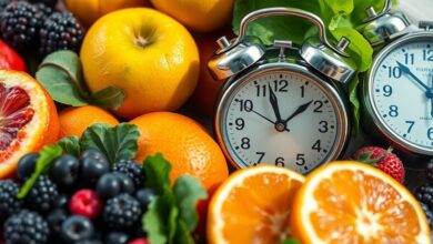 ساعة ومجموعة فواكه وخضروات صحية