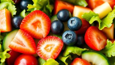 طبق سلطة ملون، خضروات طازجة متنوعة، فواكه