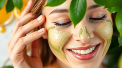 امرأة تضع قناعًا طبيعيًا على وجهها المبتسم